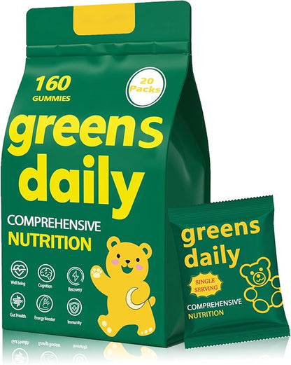 Greens Gummies, Daily Greens Gummies with Organic Chlorella and Spirulina, Digestive & Gut Health, Low Sugar, Formulated with 60+ Ingredients, Individual Packets,160 Gummy Bear