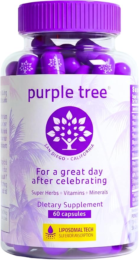 purple tree Post-Celebration Wellness Supplement | Liposomal Dihydromyricetin (DHM), L-Glutathione, Milk Thistle for Liver Support & Hydration | Electrolytes, B Vitamins, Willow Bark | 60 Capsules
