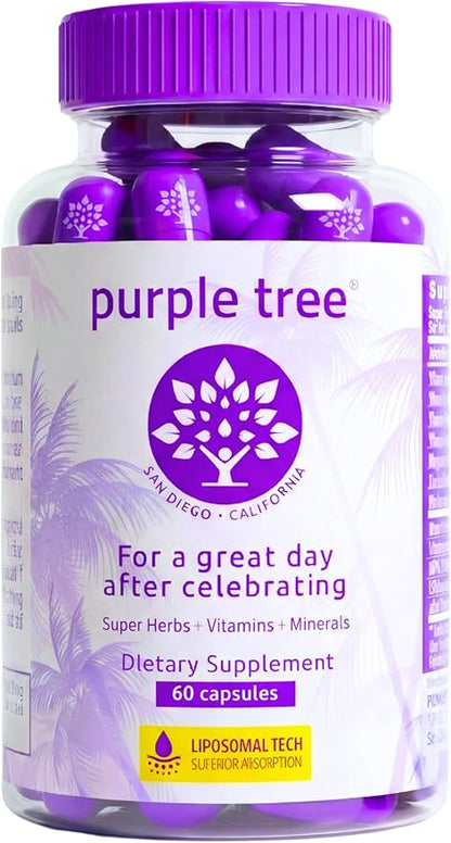 purple tree Post-Celebration Wellness Supplement | Liposomal Dihydromyricetin (DHM), L-Glutathione, Milk Thistle for Liver Support & Hydration | Electrolytes, B Vitamins, Willow Bark | 60 Capsules