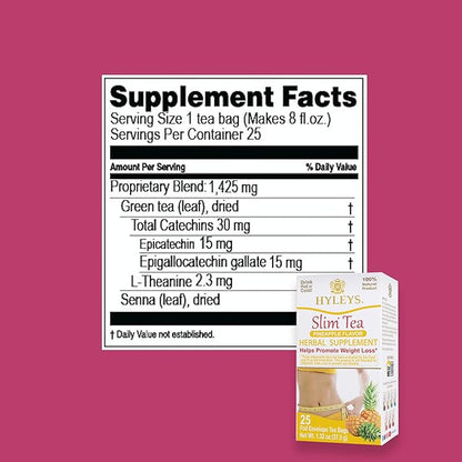 Hyleys Slim Tea Pineapple Flavor - Weight Loss Herbal Supplement Cleanse and Detox - 25 Tea Bags (12 Pack)