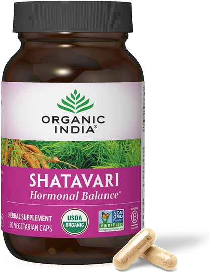 ORGANIC INDIA Shatavari Herbal Supplement - Supports Hormonal Balance, Immune and Inflammatory Response, Vegan, Gluten-Free, USDA Organic, Supports Reproductive Health - 90 Capsules