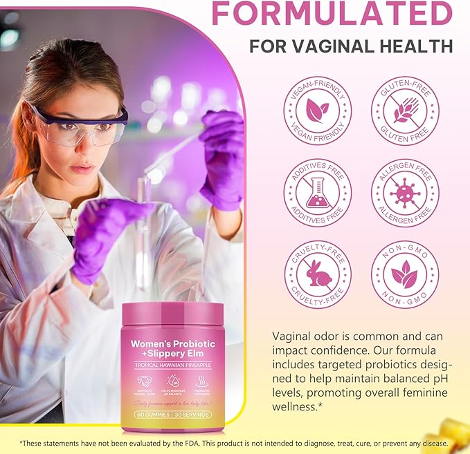 Feminine Probiotics Gummies - Probiotic Pineapple Gummies for Women, with Slippery Elm, Support ph Balance, Lactobacillus for Bladder and Vaginal Wellness, 60 Count