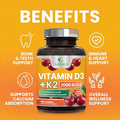 Vitamin D 2000 IU 50mcg Per Tablet - Vitamins D3 & K2 (MK7) Complex Supplement for Bone, Teeth, Muscle, Calcium Absorption, Supports Immune & Heart Health, Chewable Formula USA Bottled - 180 Tablets