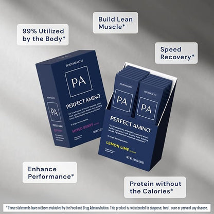 BodyHealth PerfectAmino Powder - BCAA and EAA Powder for Pre and Post Workout - Amino Acid Energy Drink for Men and Women to Support Lean Muscle and Recovery - Lemon Lime - Stick Packs - 15 Servings