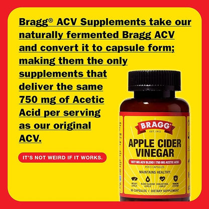 Bragg Organic Apple Cider Vinegar Capsules with Vitamin D and Zinc - 90 Count - Supports Immune System