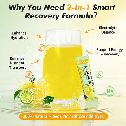 Electrolyte Collagen Powder Packets, 10g Collagen Protein Drink Mix for Hydration Recovery, Zero Sugar 2-in-1 Post Workout Rehydration, Joint Skin Muscle Support, 5 Vitamins, Lemon Lime