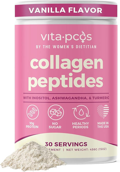 Collagen Peptides Protein Powder for Women – PCOS Supplement Formulated with Inositol, Ashwagandha & Turmeric, Supports Thicker Healthy Hair, Skin, Nail, Muscle & Weight Goals, Vanilla by VITA-PCOS