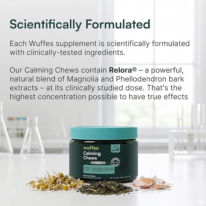 Wuffes Calming Soft Chews for Dogs, Stress Support Supplement with Relora®, L-Theanine, L-Tryptophan & Chamomile, Non-Drowsy Calming Relief for All Dogs, 60 Soft Chews