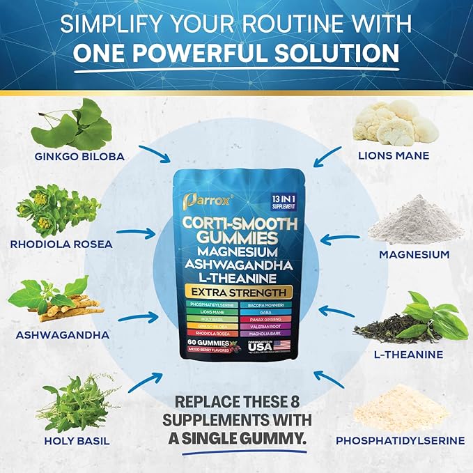 Corti-Smooth Cortisol Support Gummies with Magnesium, L-Theanine, Ashwagandha, Phosphatidylserine, Bacopa Monnieri, Lions Mane, Ginkgo Biloba, Valerian Root (60 Gummies - Mixed Berry Flavor)