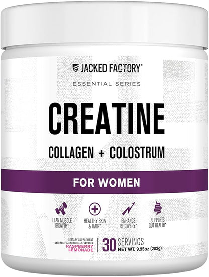 Jacked Factory Creatine for Women - Creatine Monohydrate with Collagen + Colostrum to Support Workout Performance, Lean Muscle Growth, Healthy Hair, Skin, & Nails - 30 Servings, Raspberry Lemonade