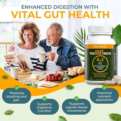 Vital Gut Health 4in1 Formula with Apple Cider Vinegar, Prebiotics & Probiotics, Digestive Enzymes for Strong Immunity Support and Complete Gut and Digestion Support- 30 Days Supply