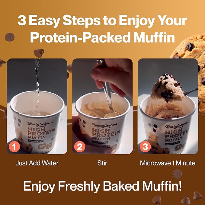 Bootylicious | 25g Protein Muffin | Chocolate Chip | Low Carb, 16g Fiber, Low Glycimic Index, Low Sugar, 2.39oz Cup, 12-Pack