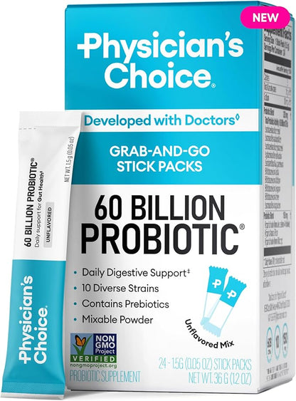 Physician’s Choice 60 Billion CFU Probiotic Stick Packs - 10 Strains + Prebiotics - Immune, Digestive & Gut Health - Supports Occasional Constipation, Diarrhea, Gas & Bloating - for Women & Men - 24CT