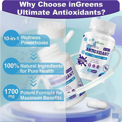 10-in-1 Antioxidants Supplement, 1700MG Super Antioxidant for Women and Men, Powerful Antioxidants with NAD, NMNH,Coq10, Resveratrol, Cell Repair & Reducing Free Radical Damage, 60 Capsules