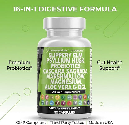 Clean Nutraceuticals Slippery Elm Psyllium Husk Pre Probiotic Digestive Gut Health Supplement with Aloe Vera Cascara Sagrada Marshmallow Root DGL Licorice Senna Extract