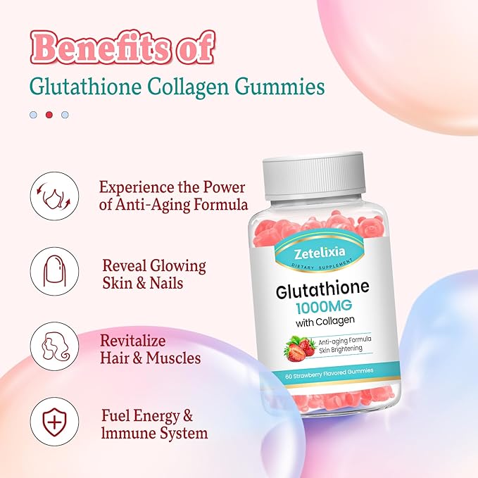 Glutathione Collagen Gummies, Collagen Gummies with Vitamin C, Glutathione Supplement for Women, Hair Skin Nails Muscle & Joint, Anti-Aging, Vegan, Sugar Free, Strawberry Flavor, 60 Count