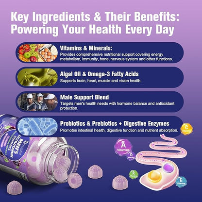 2-Pack Multivitamin for Men, Mens Multivitamins Gummies w/Omega-3, Probiotics, Inositol, Folate, Male Support Blend, Vitamins A, C, D, E, B - Support Heart, Brain, Muscle, Energy, Sugar-Free Gummy