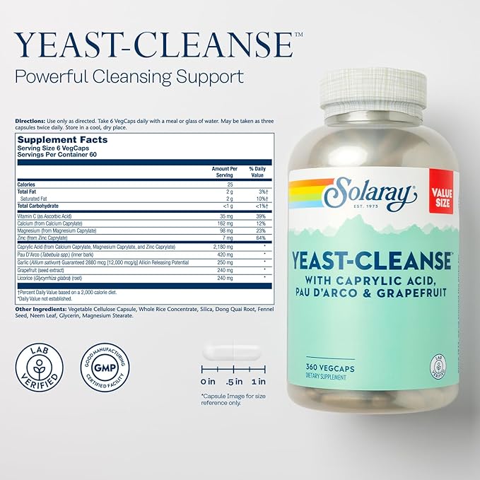 SOLARAY Yeast Cleanse, Antioxidant Support with Caprylic Acid, PAU d'Arco, Licorice Root Extract and Grapefruit Seed Extract, 60-Day Guarantee, 60-Day Guarantee, 60 Servings, 360 VegCaps