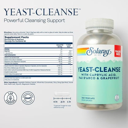 SOLARAY Yeast Cleanse, Antioxidant Support with Caprylic Acid, PAU d'Arco, Licorice Root Extract and Grapefruit Seed Extract, 60-Day Guarantee, 60-Day Guarantee, 60 Servings, 360 VegCaps