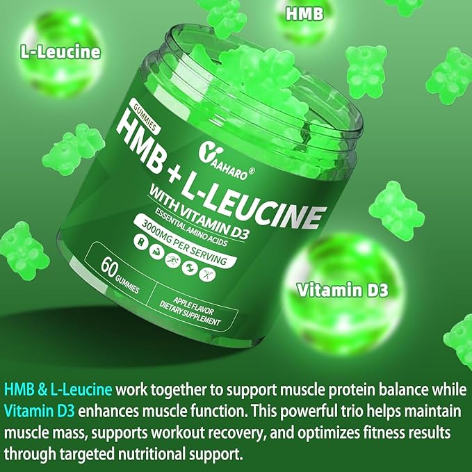 HMB & L-Leucine Gummies 3000mg - with Vitamin D3 for Muscle Recovery, Energy, Endurance & Muscle Mass Increase - for Men & Women - Non-GMO, Vegan, Gluten-Free, Apple Flavor - 60 Gummies