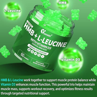 HMB & L-Leucine Gummies 3000mg - with Vitamin D3 for Muscle Recovery, Energy, Endurance & Muscle Mass Increase - for Men & Women - Non-GMO, Vegan, Gluten-Free, Apple Flavor - 60 Gummies