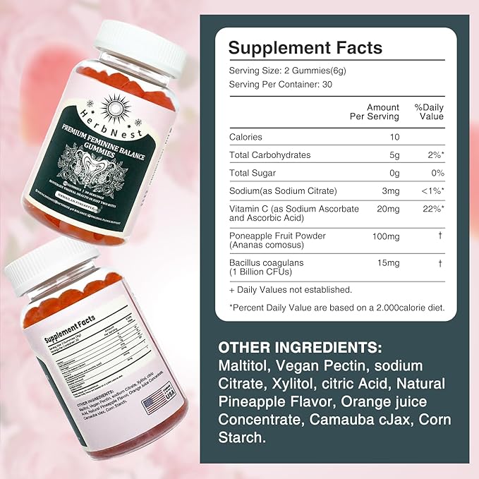 Feminine Balance Gummies - 1 Billion CFU Probiotics & Vitamin C - Supports Vaginal pH & Flora Balance - Sugar Free, Vegan, Pineapple Flavor - 60 Gummies