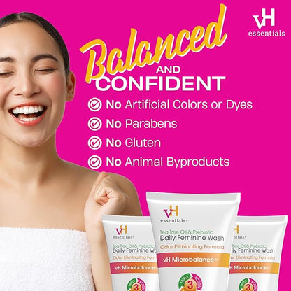 vH essentials, Ph Balanced Daily Feminine Wash, Tea Tree Oil & Prebiotic, 6 Fl Oz 54306 Clear (Pack of 2)
