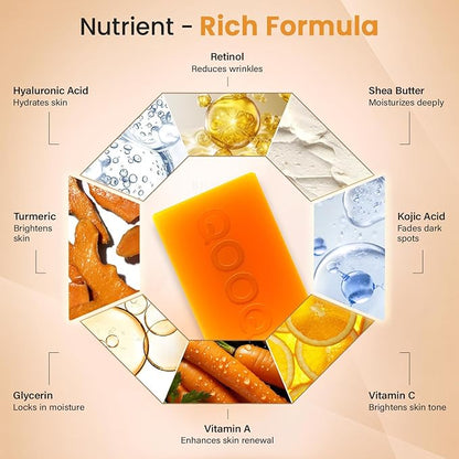 QOOQ Turmeric Kojic Acid Soap for Dark Spots Remover – Facial Cleansing Bar with Vitamin C, Retinol, Collagen, Vitamin E, Glycerin, Shea Butter & Castile Olive Oil – Soap for Women & Men (120g x 4)