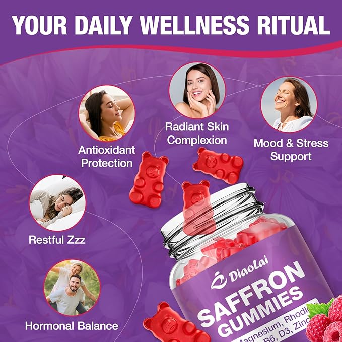 Max Strength Saffron Gummies 88.5mg with Magnesium, St. John's Wort & Rhodiola for Mood Support, Focus - Sugar-Free, 60 Count