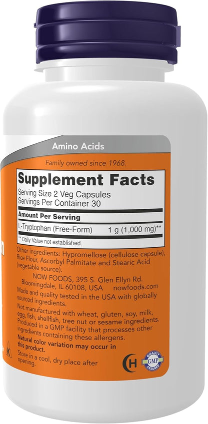 NOW Foods Supplements, L-Tryptophan 500 mg, Encourages Positive Mood*, Supports Relaxation*, 60 Veg Capsules