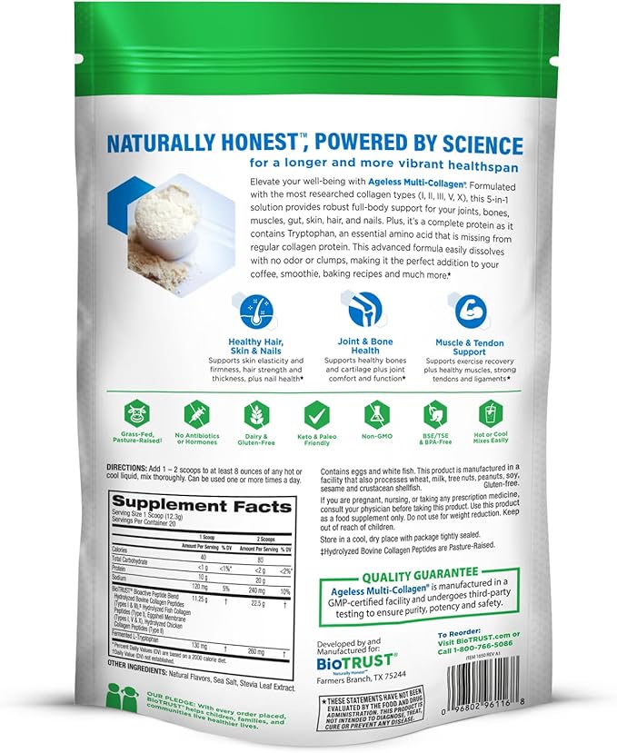 BioTrust Ageless Multi Collagen Peptides Powder – 5 Types (I, II, III, V, X) – Vanilla Collagen Powder for Women & Men – Hydrolyzed Protein – Grass Fed Beef, Fish, Chicken, Eggshell Membrane
