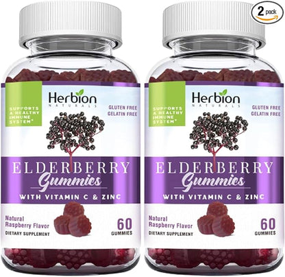 HERBION Elderberry Gummies with Vitamin C & Zinc, Healthy Immune System Support, Gluten-Free & Gelatin-Free, 60 Gummies for Adults & Children 4 Years & Above, Made in USA, Pack of 2