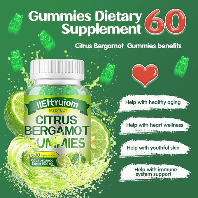 Citrus Bergamot 1500mg, Citrus Bergamot Gummies for Healthy Cholesterol, Bergamot Supplements 25:1 Extract from Italy Bergamot, Resveratrol & Niacin - Gluten Free, 120 Count