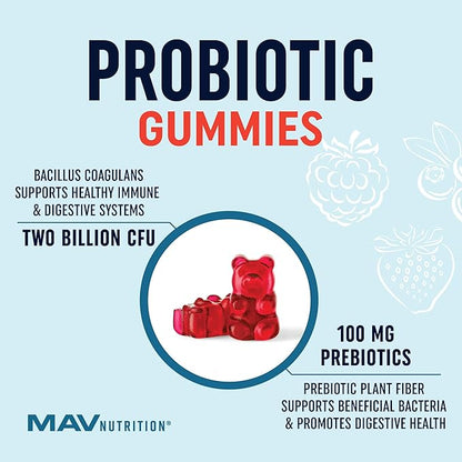 Kids Probiotic Gummies | 2 Billion Probiotics + 100mg Prebiotic Fiber for Immune & Digestion Support | Low Sugar Per Serving | For Children Ages 2+ | Gluten-Free, Non-GMO | Berry Flavor | 60 Ct