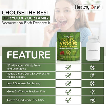 Fruits & Veggies Sugar-Free Gummies - 27 Whole Foods - Equals 3 Servings of Fruits & Vegetables - Improve Energy, Focus & Immune Function - Fiber - Antioxidants - Organic Ingredients - 28 Packets