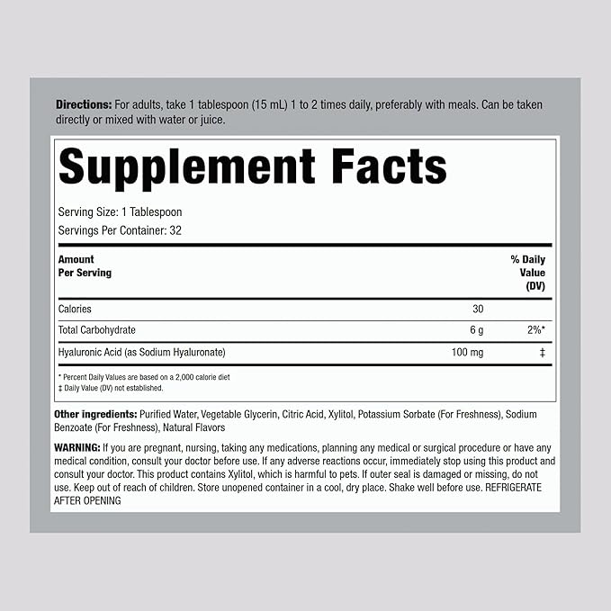 Piping Rock Liquid Hyaluronic Acid Supplement | 100mg | 16 fl oz | Natural Berry Flavor | Vegetarian Formula | Non-GMO, Gluten Free