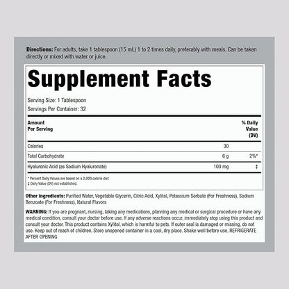 Piping Rock Liquid Hyaluronic Acid Supplement | 100mg | 16 fl oz | Natural Berry Flavor | Vegetarian Formula | Non-GMO, Gluten Free