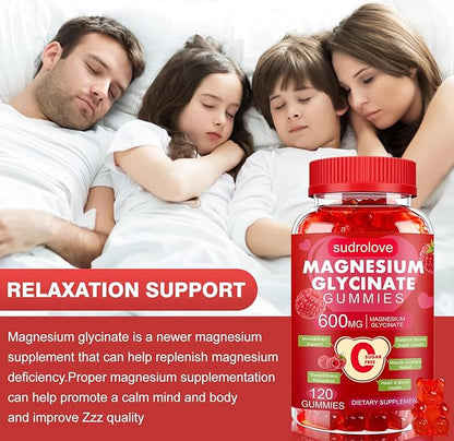 Magnesium Glycinate Gummies 600mg – Sugar Free Magnesium & Potassium Dietary Supplement with Vitamin D, B6 and CoQ10 for Calm Support & Sleep for Adults - High Absorption - Raspberry Gummies