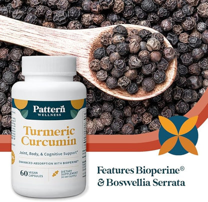 Pattern Wellness Turmeric Curcumin – 95% Curcuminoids with BioPerine® Black Pepper – Supports Joint, Cognitive & Immune Health – Non-GMO, Gluten Free – 60 Capsules