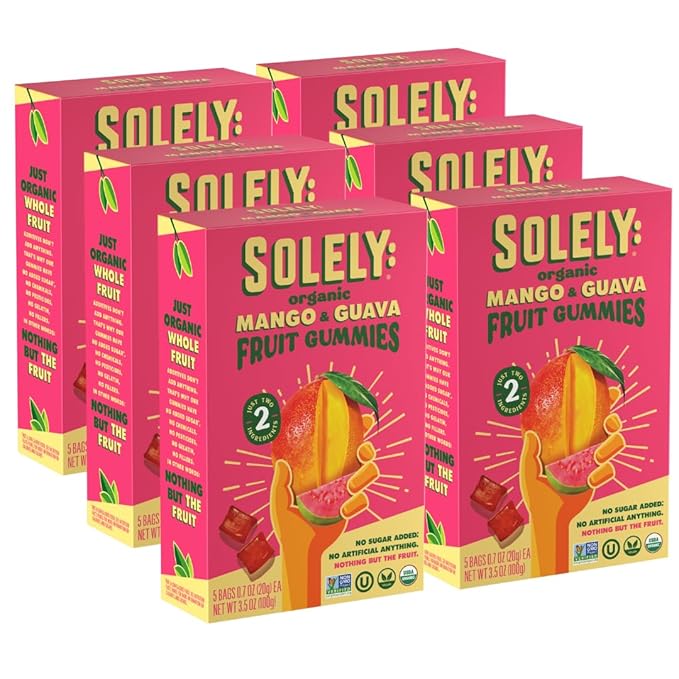 SOLELY - Organic Mango & Guava Whole Fruit Gummies (Pack of 6 Boxes, 5 Bags per Box) - Real Fresh Fruit - Healthy Snacks for Adults & Kids - Non GMO, Vegan Snacks, Shelf Stable - 30 Bags (3.5 oz)