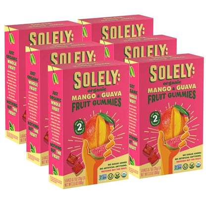 SOLELY - Organic Mango & Guava Whole Fruit Gummies (Pack of 6 Boxes, 5 Bags per Box) - Real Fresh Fruit - Healthy Snacks for Adults & Kids - Non GMO, Vegan Snacks, Shelf Stable - 30 Bags (3.5 oz)