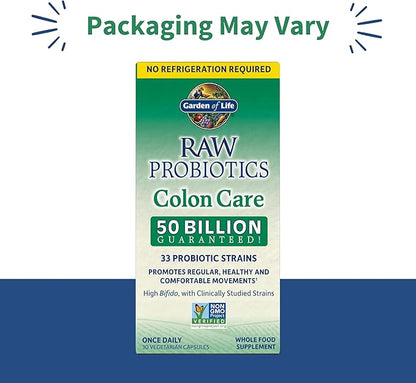 Garden of Life Probiotics for Women and Men - Raw Probiotics Colon Care 50 Billion CFU and Enzymes, Shelf Stable Once Daily Acidophilus Probiotic for Regularity and Immune Health Support, 30 Capsules