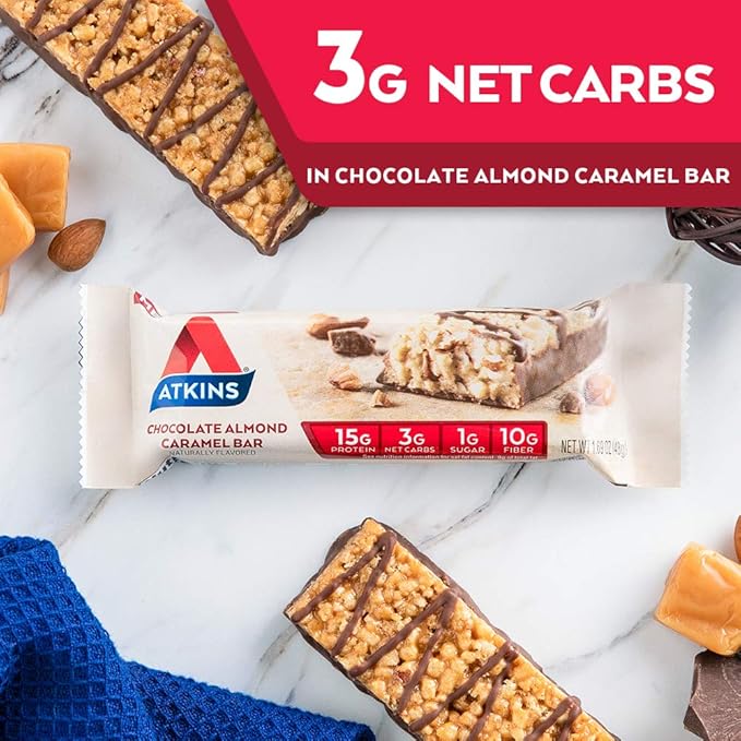 Atkins Chocolate Almond Caramel Protein Meal Bar, High Fiber, 15g Protein, 1g Sugar, 3g Net Carbs, Meal Replacement, Keto Friendly, 8 Count