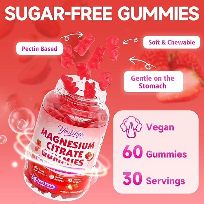 Magnesium Citrate Gummies, High Absorption Magnesium Gummies for Adults, Magnesium Supplement to Support Natural Relaxation, Vegan, Sugar-Free, Strawberry Flavor, 60 Count