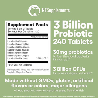 Natural Foundation Supplements Probiotics for Digestive Health Supports Bloating & Regularity Supplement 240 Tablets 3 Billion CFU (240, Digestive Probiotics)