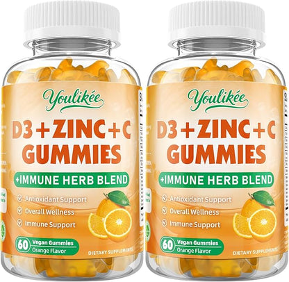 2 Pack Vitamin C + D3 + Zinc Gummies for Adults, Immune Support Supplement with Elderberry, Echinacea & Mullein Leaf - Antioxidant Support, Sugar Free, Orange Flavor, 120 Count