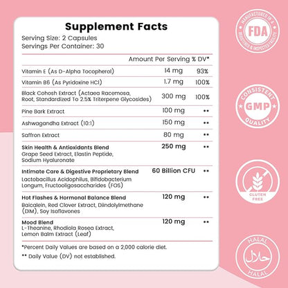 Menopause Supplement for Women : Hormone-Free Probiotic with Black Cohosh & Ashwagandha Support for Hot Flashes Mood Balance & Skin Health 60 Capsules