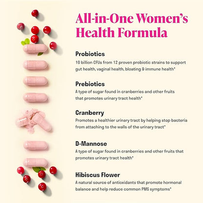 3-in-1 Womens Probiotic - 60 Servings - 12 Unique Strains, Prebiotics, D-Mannose, & Cranberry for Digestive Health, Vaginal Health & Immune Support - Prebiotics and Probiotics for Women | pH Balance