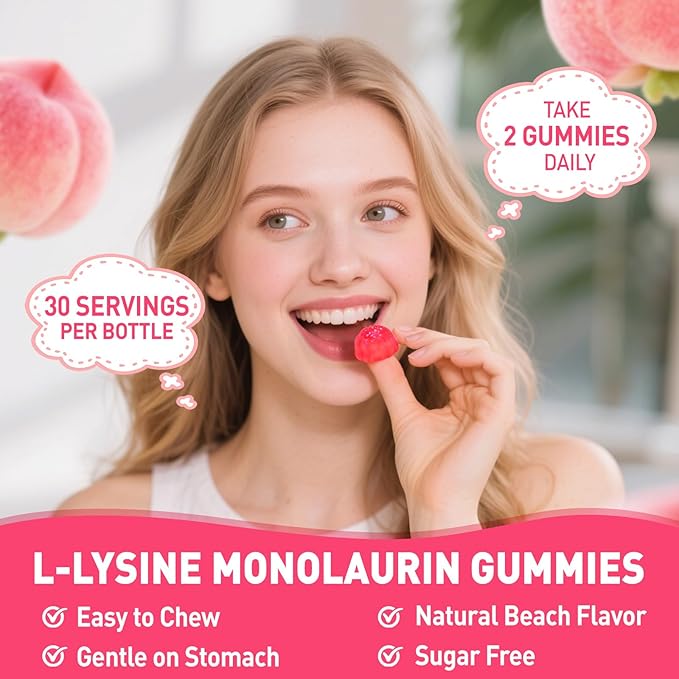 L-Lysine Monolaurin Gummies, Monolaurin and Lysine 1000mg Supplement for Adults & Kids, with Vitamin C, Zinc, Selenium & Quercetin, Immune & Overall support, Oral & Lip Health, Peach Flavor, 60 Ct