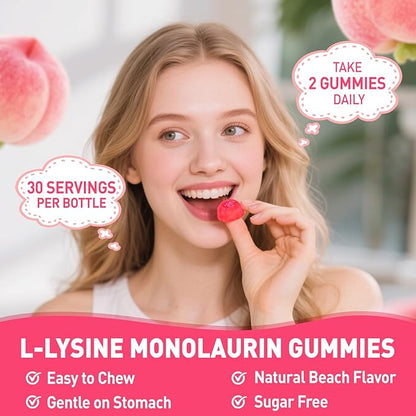 L-Lysine Monolaurin Gummies, Monolaurin and Lysine 1000mg Supplement for Adults & Kids, with Vitamin C, Zinc, Selenium & Quercetin, Immune & Overall support, Oral & Lip Health, Peach Flavor, 60 Ct